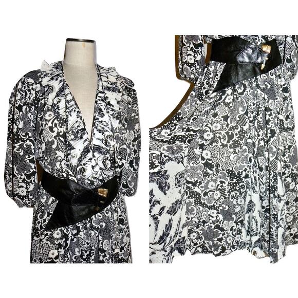 Vintage Susan Freis Georgette Graphic Print Midi Dress | Black & White | M/L - Picture 3 of 10